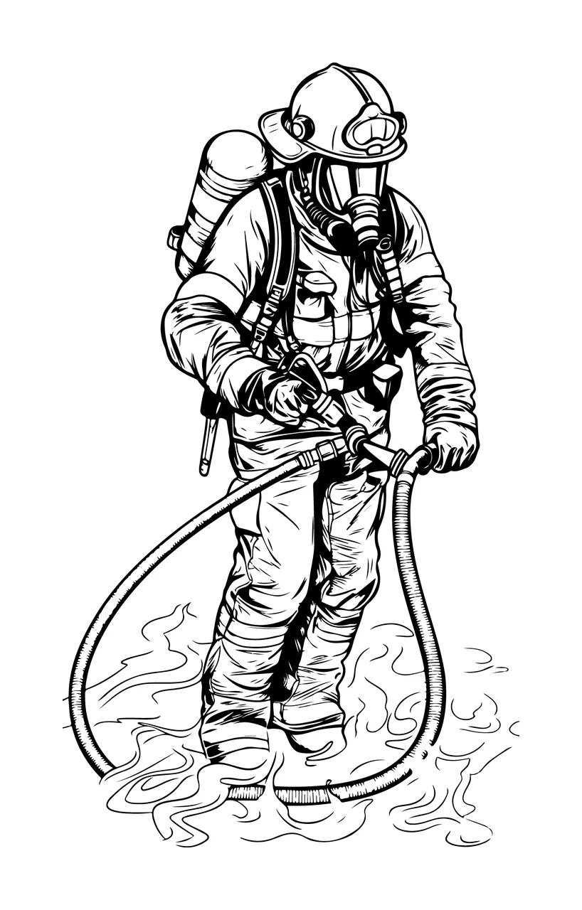 Firefighter Holding Hose In Smoke person helmet line art black