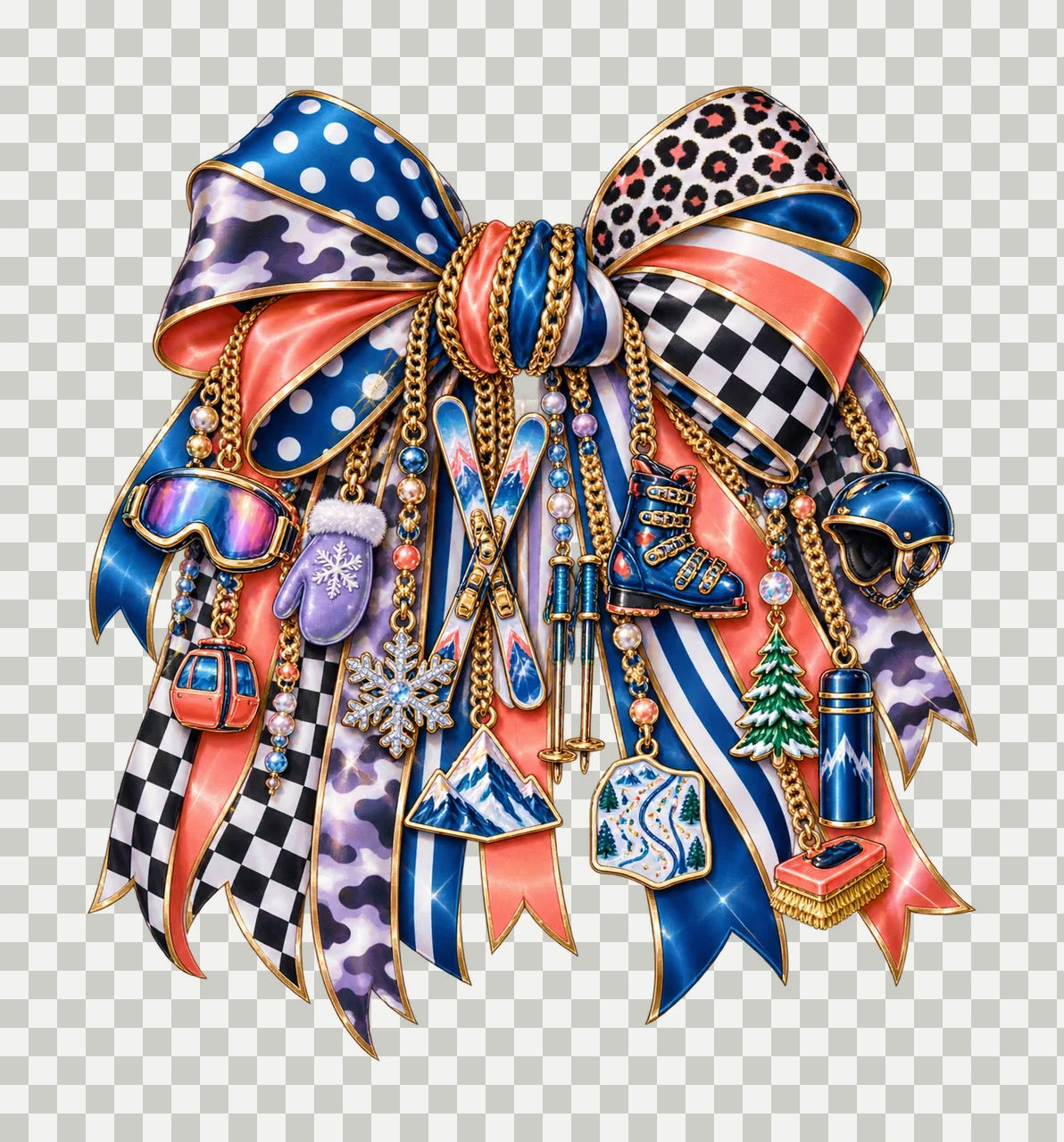 Skiing Lover Bow Charm PNG, Skis Boots Goggles Mountain and Chairlift Charms, Winter Sport Sublimation Design, Transparent Download transparency and detail preview thumbnail