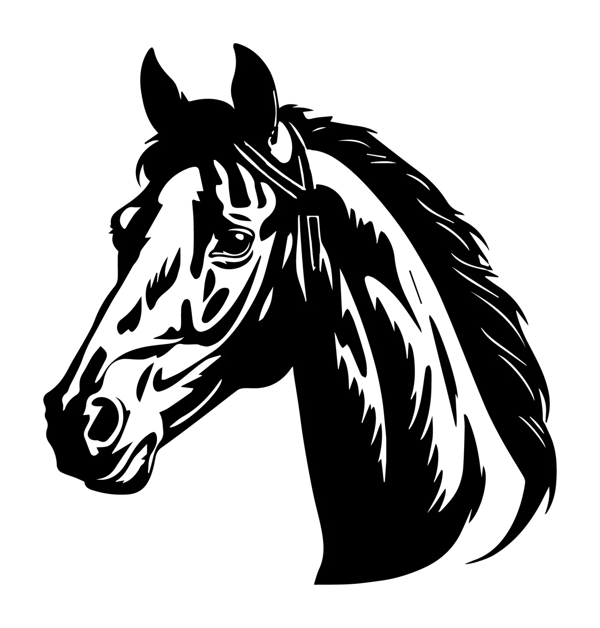 Horse Head Black And White Profile looking mane harness plain