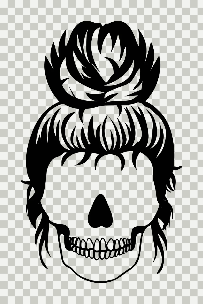 Line Art Illustration of human skull with messy bun with hair, teeth, nasal cavity and bangs in black and white transparency and detail preview thumbnail