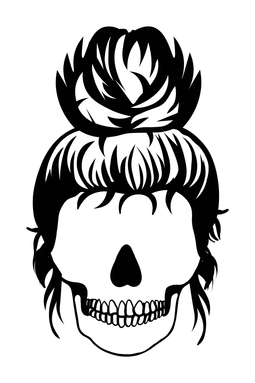 Line Art Illustration of human skull with messy bun with hair, teeth, nasal cavity and bangs in black and white