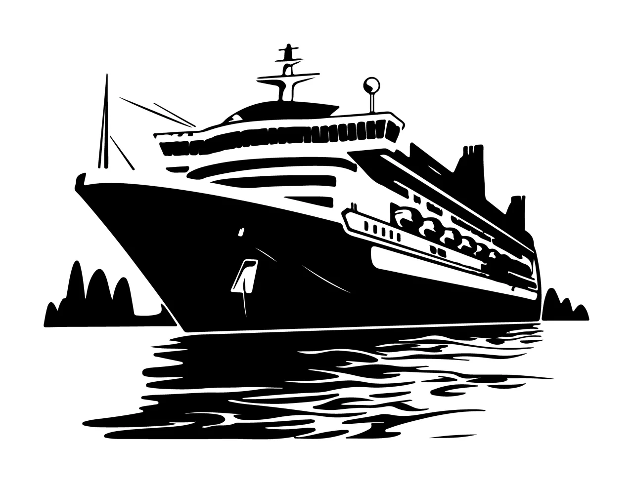 Cruise Ship On Calm Water Sailing Hills Graphic illustration