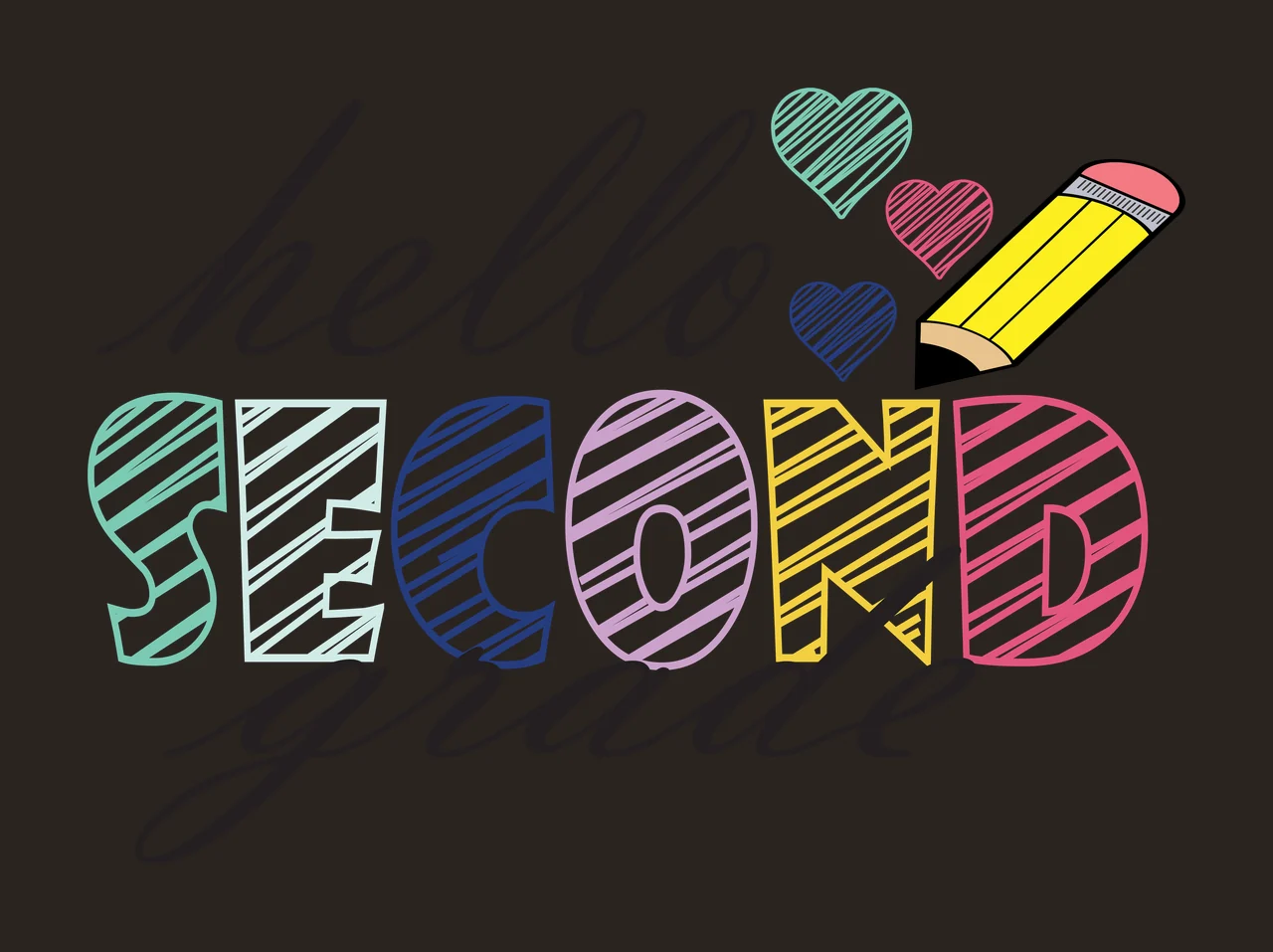 School Grade Hello Hello Second Grade Text and pencil hearts contrast preview thumbnail