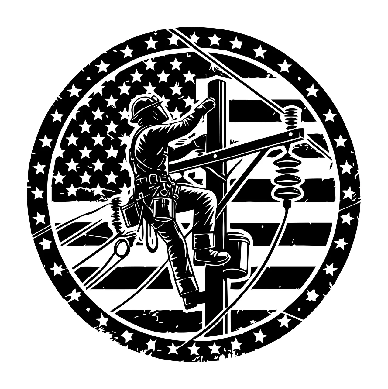 Linework Electrician On Pole Flag Emblem climbing utility black