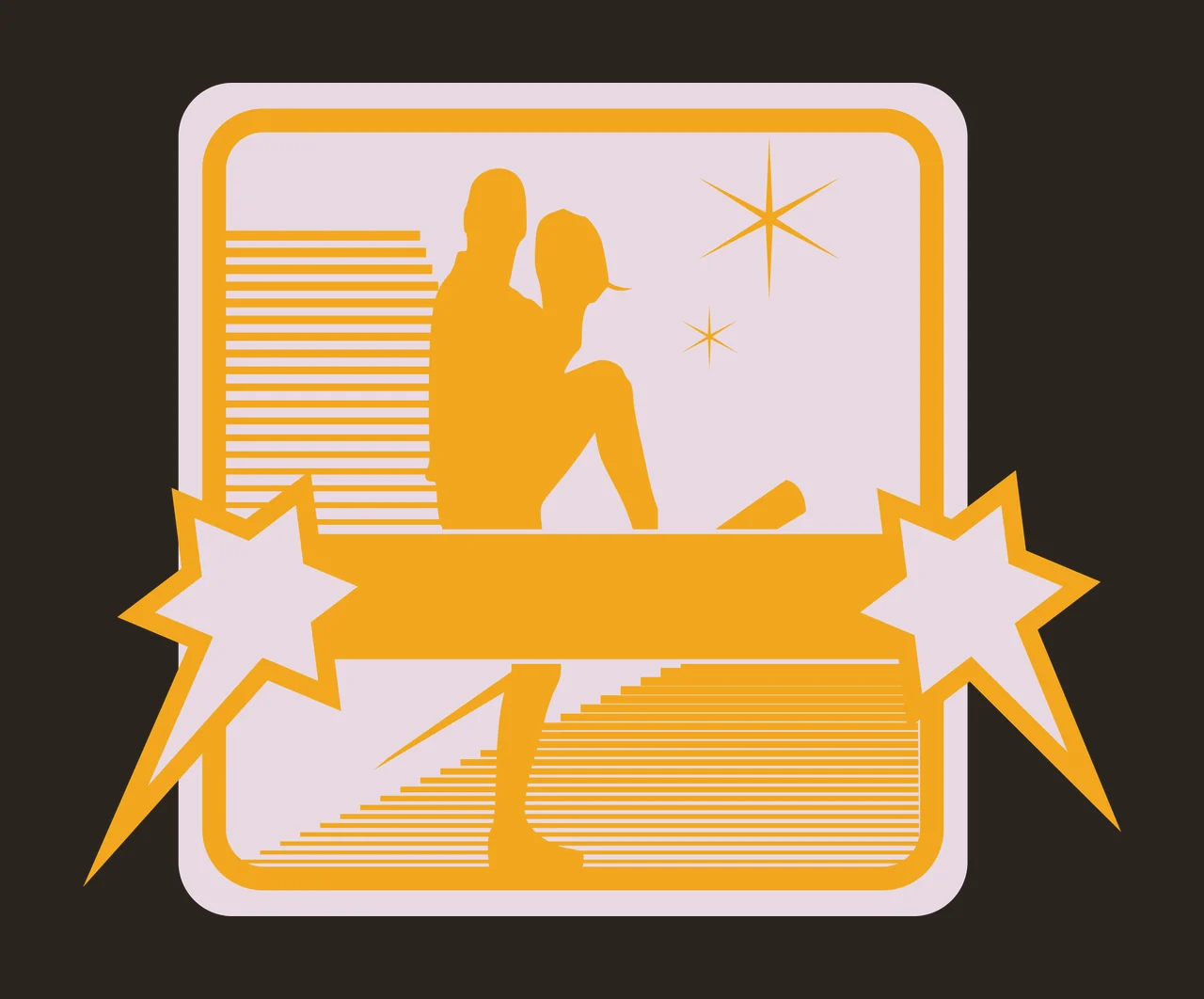 Baseball pitcher silhouette Illustration with blank horizontal banner, starbursts, rounded rectangular frame and striped background pattern in yellow, orange and lavender contrast preview thumbnail