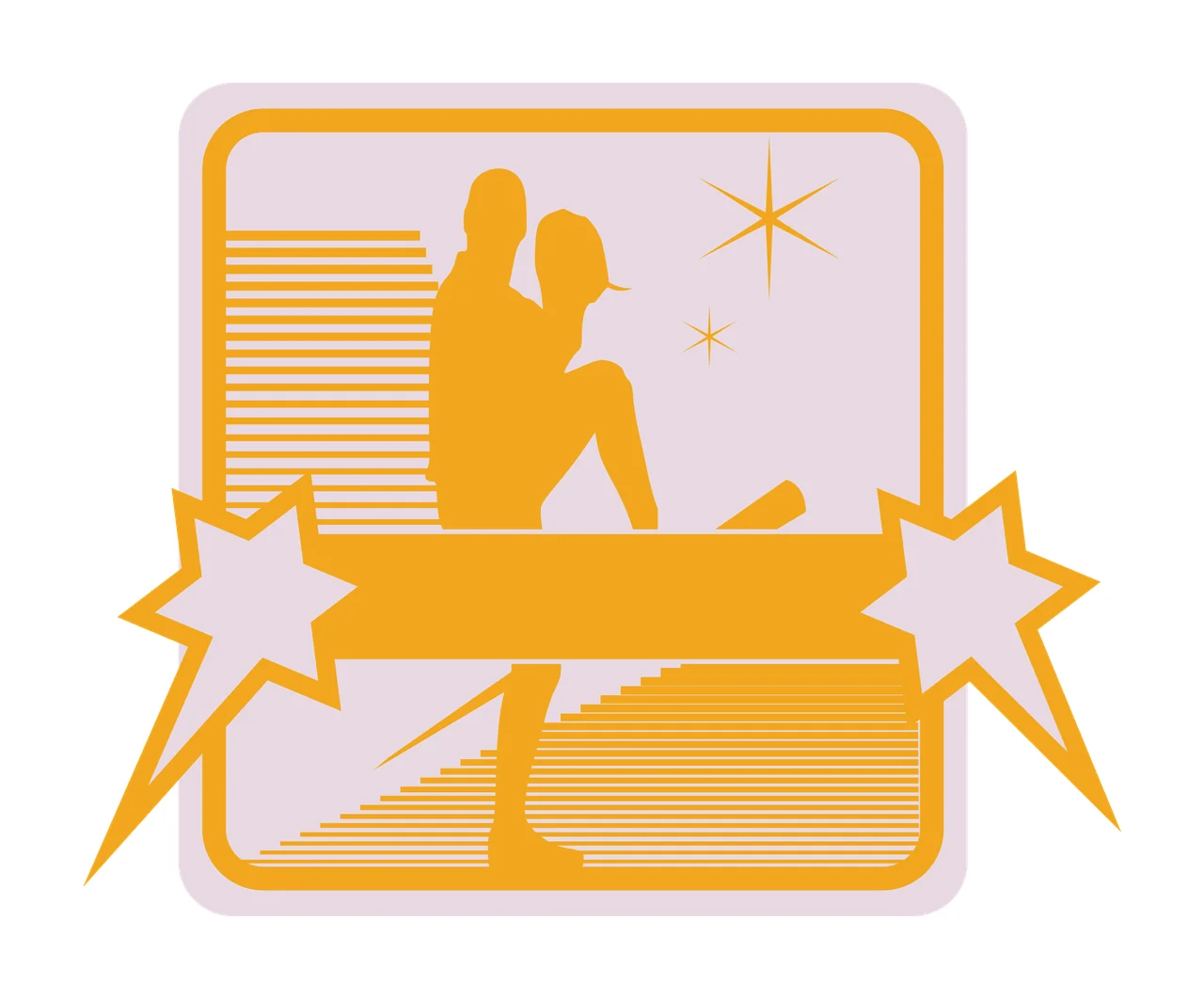 Baseball pitcher silhouette Illustration with blank horizontal banner, starbursts, rounded rectangular frame and striped background pattern in yellow, orange and lavender