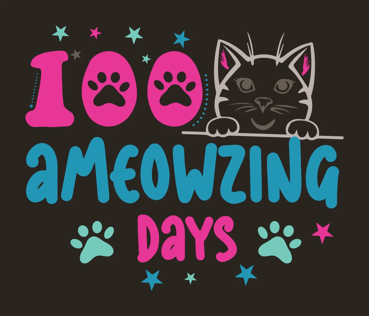Cat 100 Ameowzing Days Text Graphic head paw prints stars numbers contrast preview thumbnail