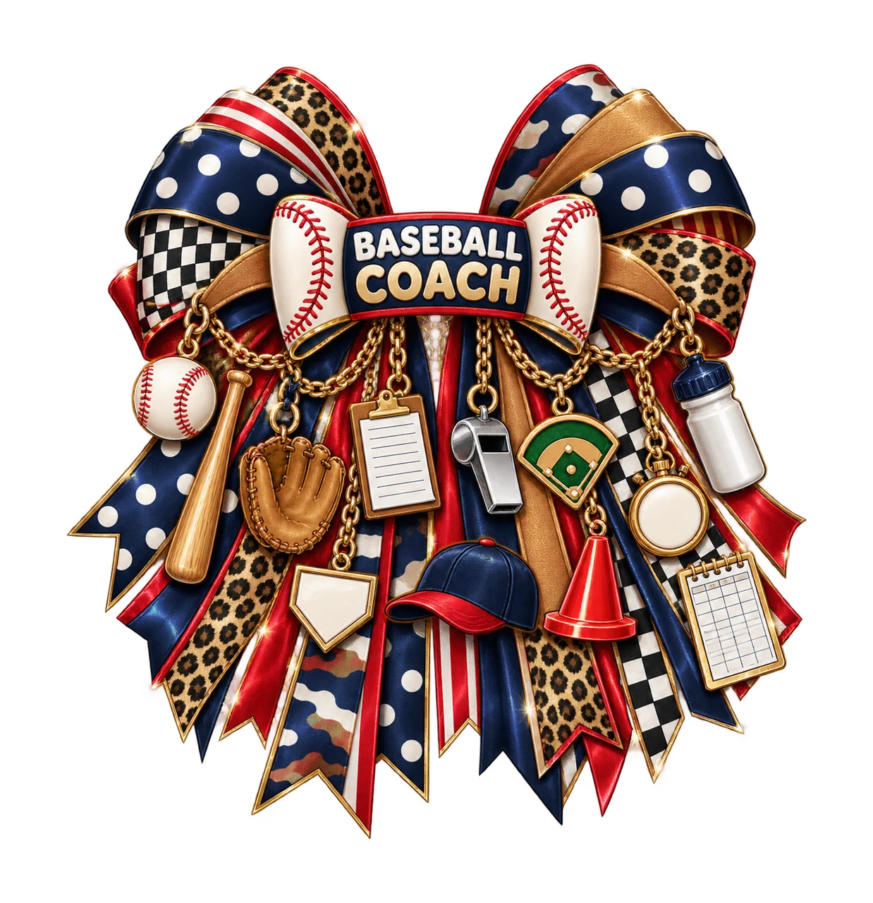 Baseball Coach Bow Charm PNG, Gold Chain Charms, Transparent Sublimation Design, Digital Download