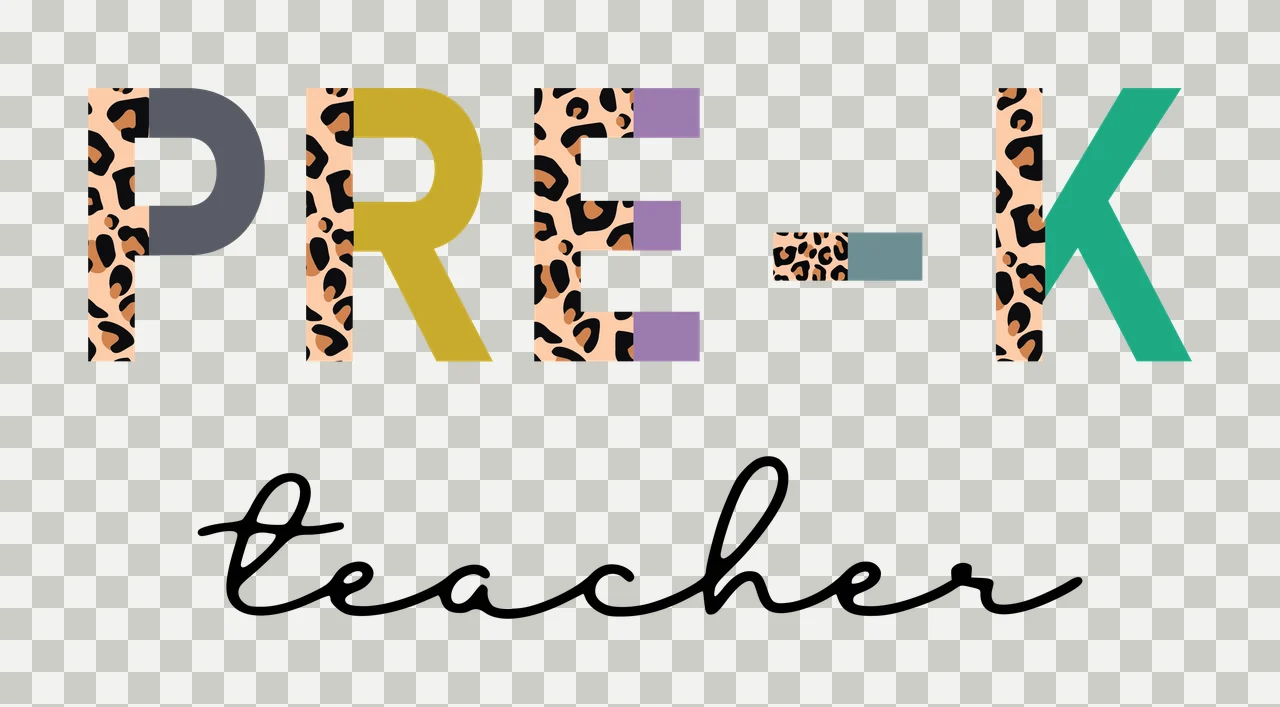 PRE-K teacher Typography Design with PRE-K Teacher text, leopard print pattern, gray letter P and yellow letter R transparency and detail preview thumbnail