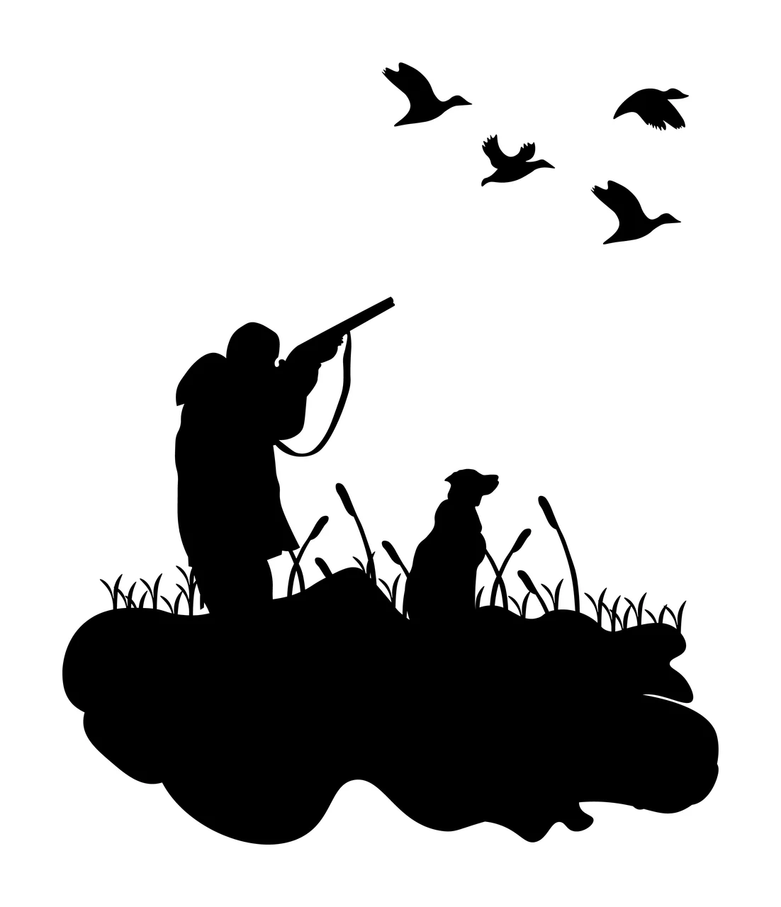 Hunter Aiming Shotgun At Flying Ducks dog grass silhouette
