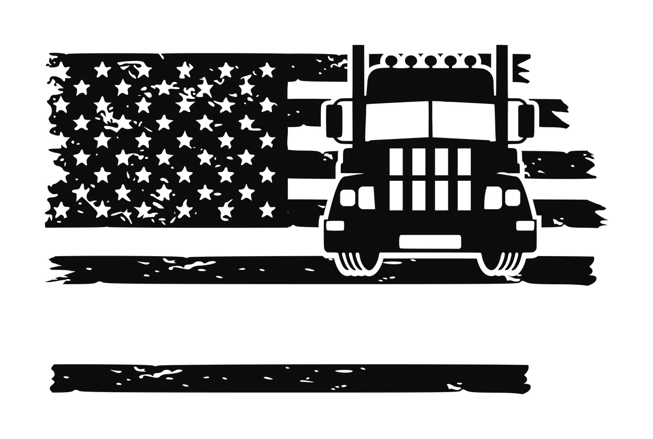 Truck Front View Of Silhouette Against A Distressed flag stars