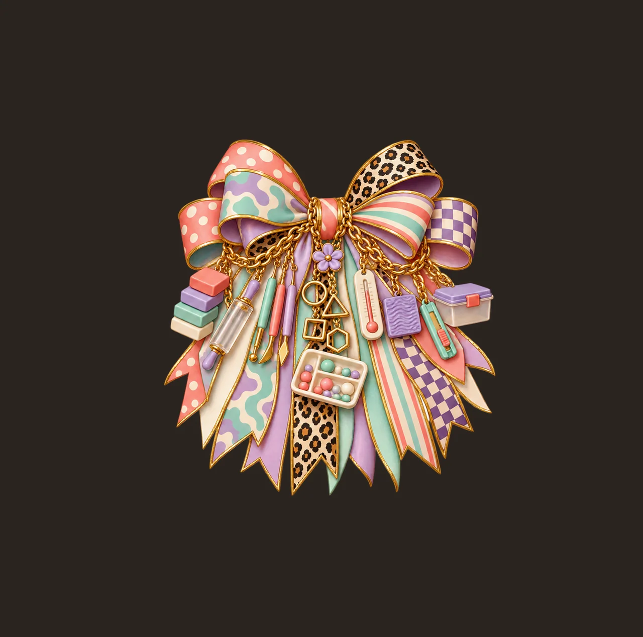Polymer Clay Artist Bow Charm PNG, Gold Chain Charms, Transparent Sublimation Design, Digital Download contrast preview thumbnail