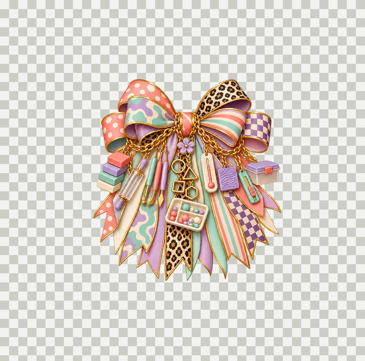 Polymer Clay Artist Bow Charm PNG, Gold Chain Charms, Transparent Sublimation Design, Digital Download transparency and detail preview thumbnail