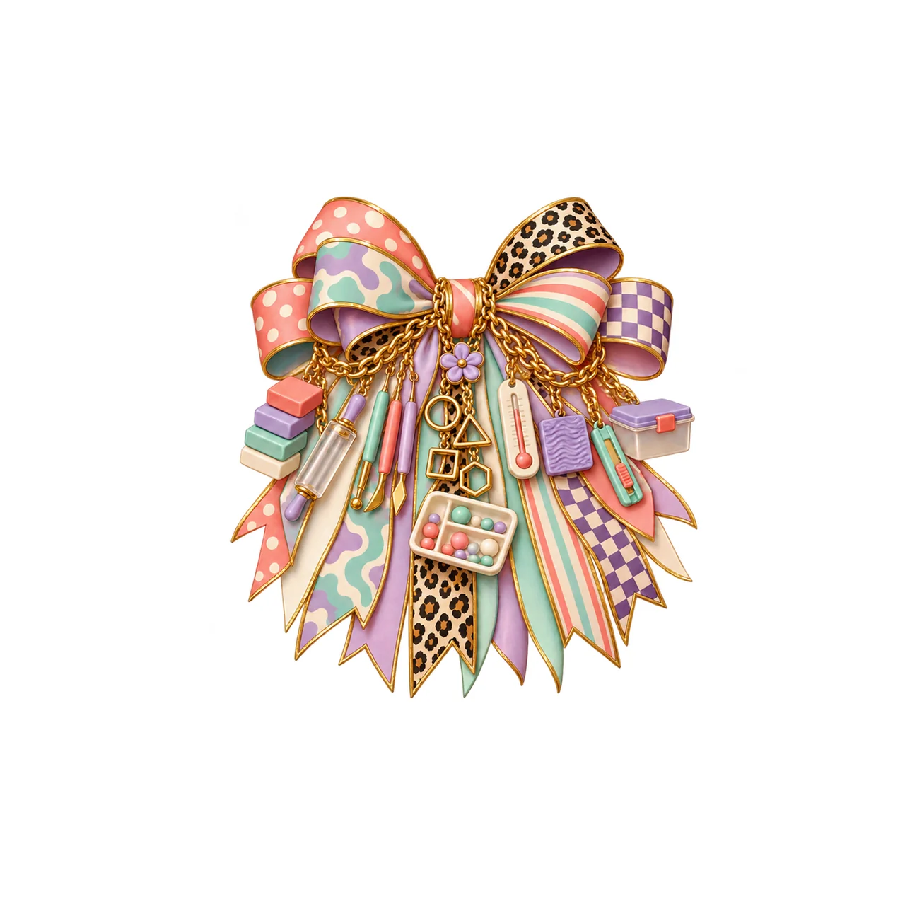 Polymer Clay Artist Bow Charm PNG, Gold Chain Charms, Transparent Sublimation Design, Digital Download