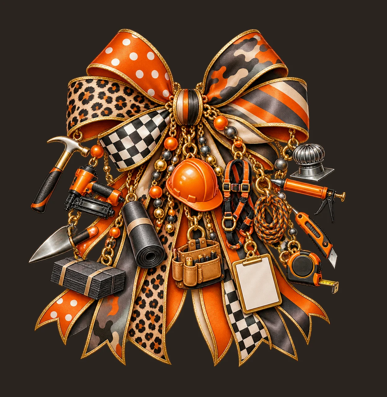 Roofer Bow Charm PNG, Themed Gold Chain Charms, Coquette Ribbon Sublimation Design, Transparent Digital Download contrast preview thumbnail