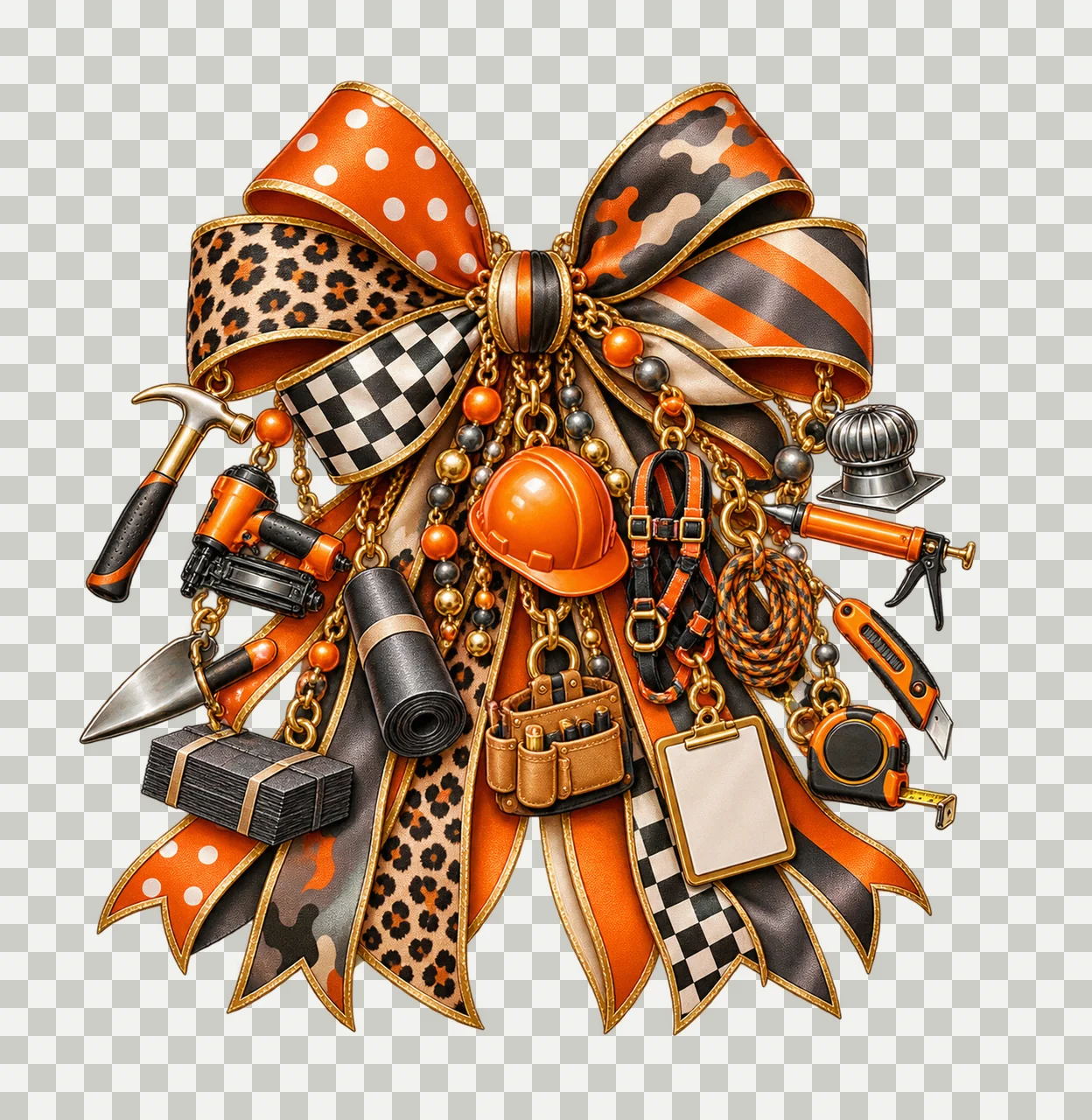 Roofer Bow Charm PNG, Themed Gold Chain Charms, Coquette Ribbon Sublimation Design, Transparent Digital Download transparency and detail preview thumbnail