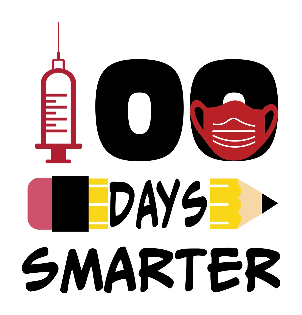 100 Days Smarter Syringe And Pencil text with school objects