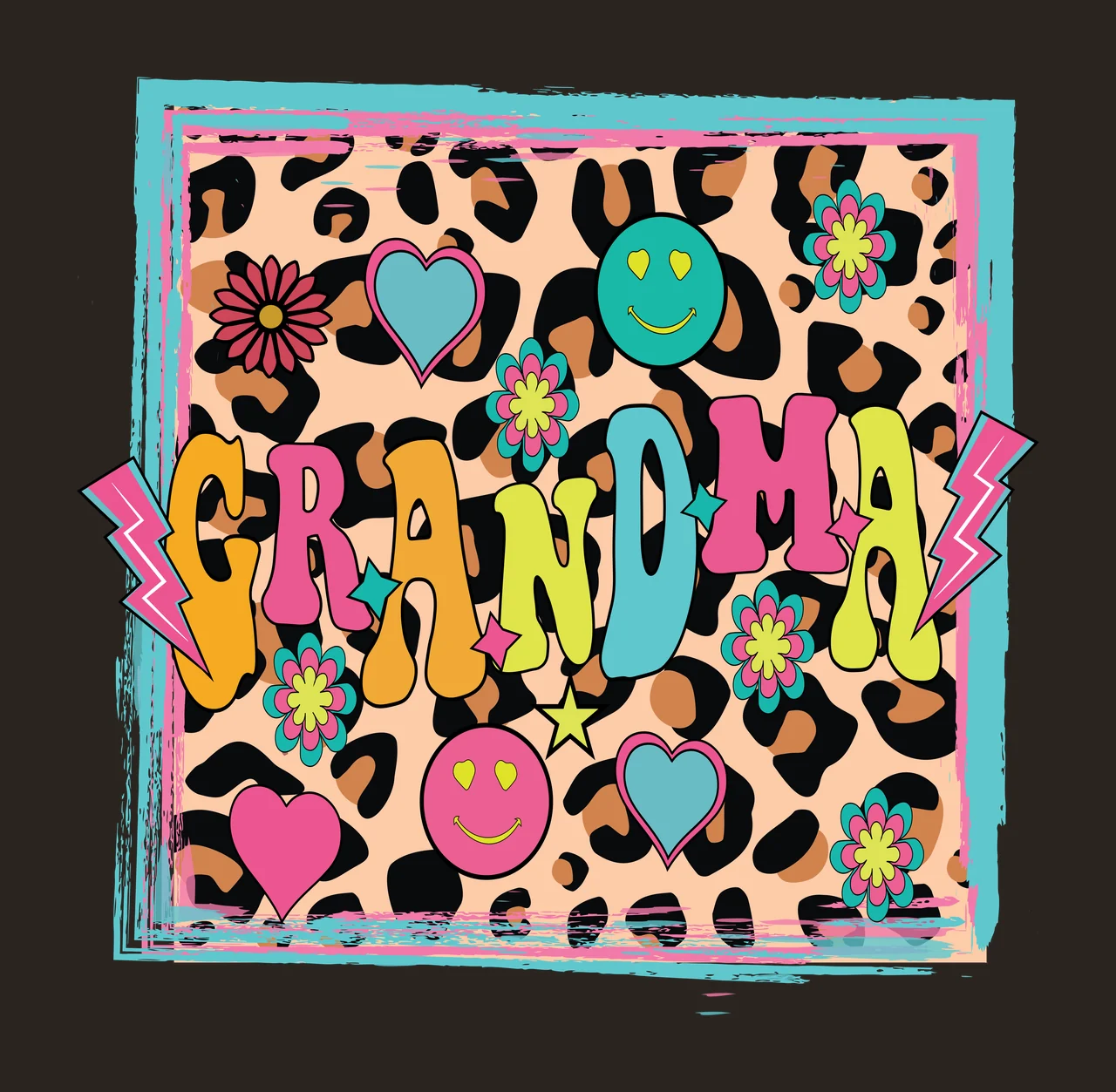 GRANDMA Typography Design with GRANDMA text, leopard print background, pink heart and blue heart in orange and yellow contrast preview thumbnail