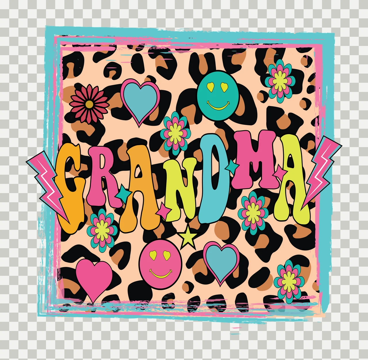 GRANDMA Typography Design with GRANDMA text, leopard print background, pink heart and blue heart in orange and yellow transparency and detail preview thumbnail
