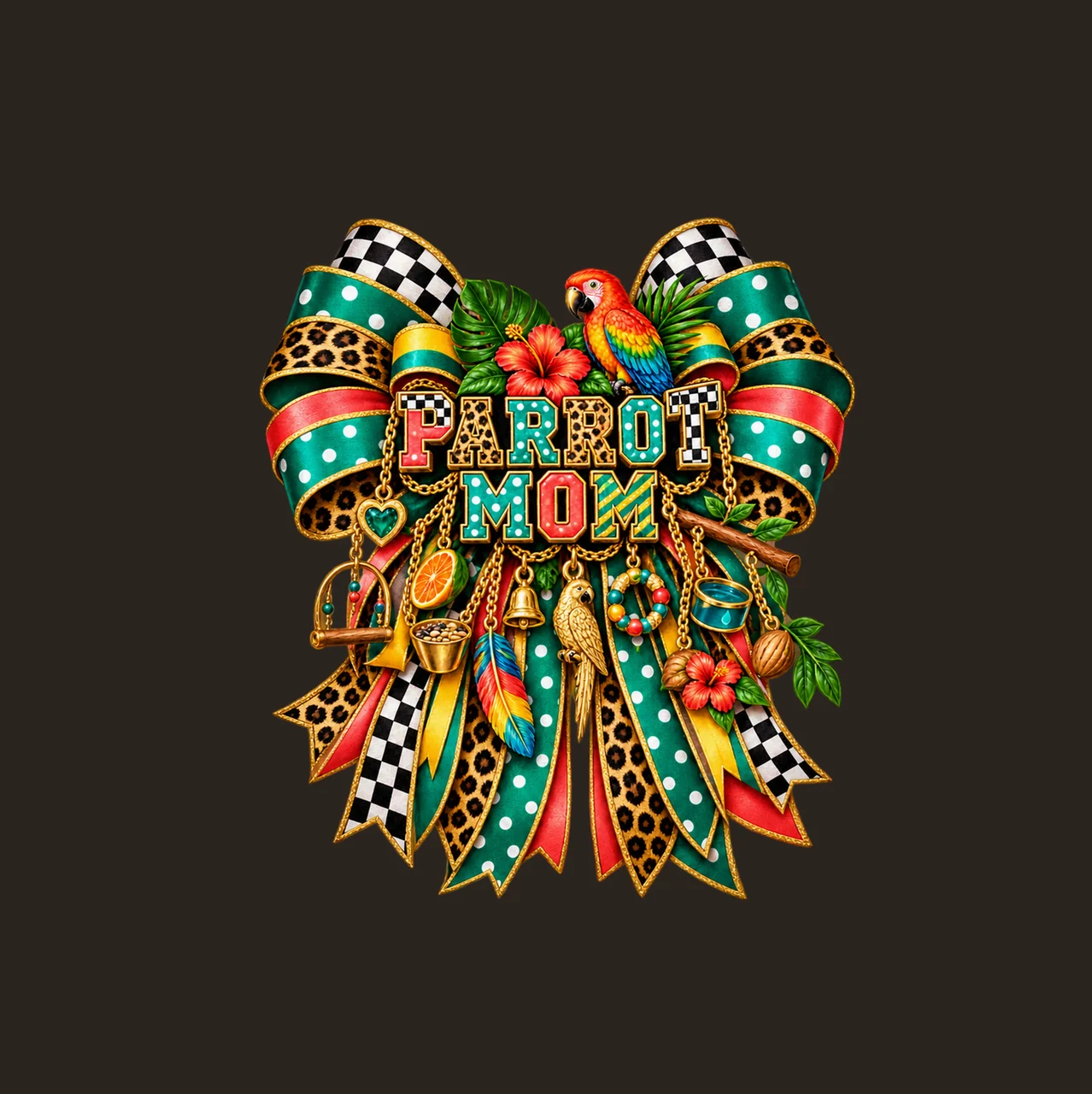 Parrot Mom Bow Charm PNG, Patterned Varsity Mom Ribbon Clipart, Transparent Sublimation Digital Download contrast preview thumbnail