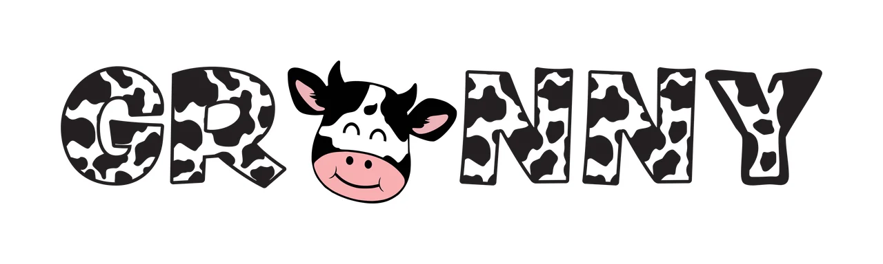 GRANNY Typography Design with cow head, cow print letters, pink muzzle and horns in black and white
