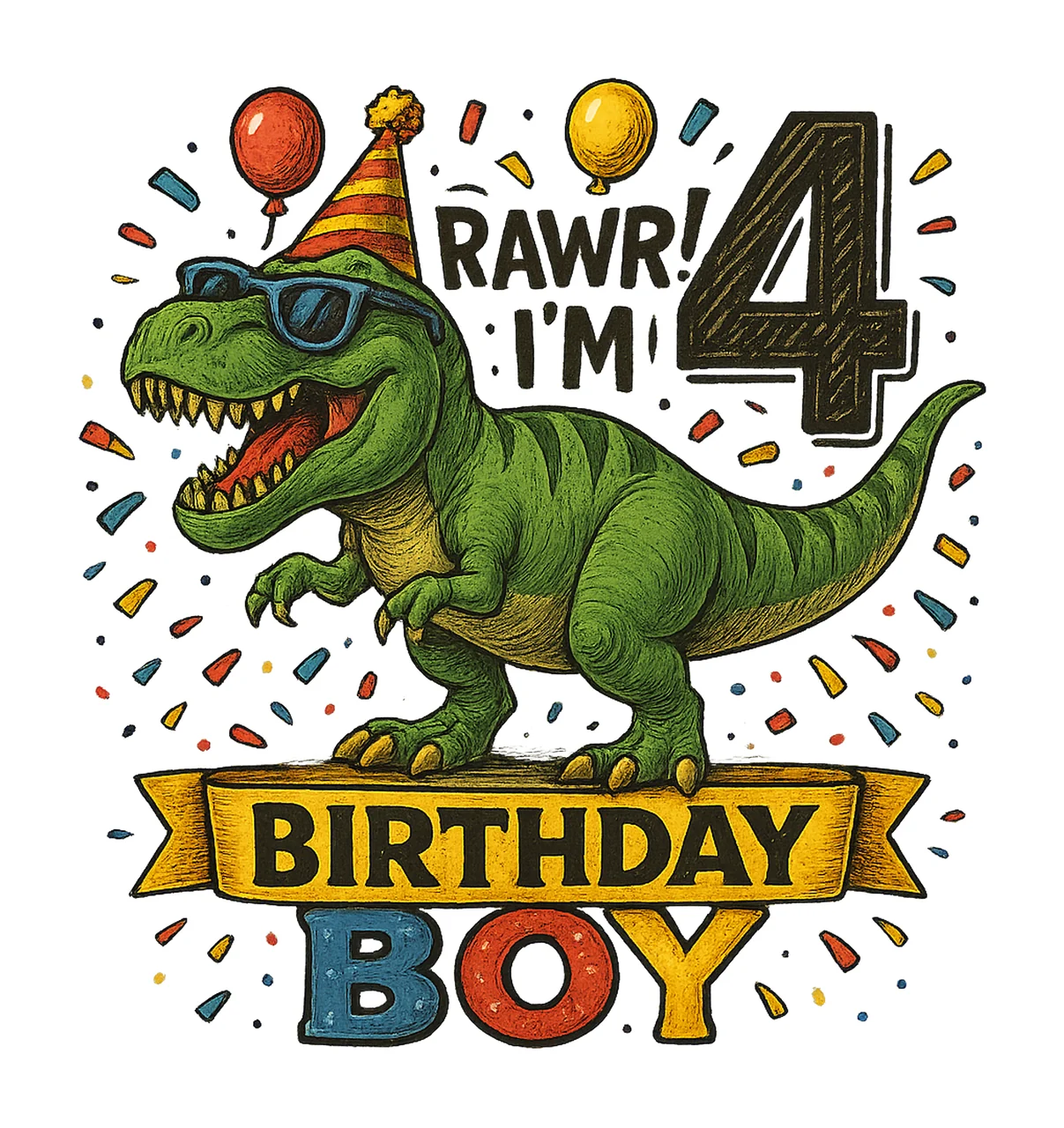 4th Birthday Boy Dinosaur Rex Lover Sublimation Design Kids