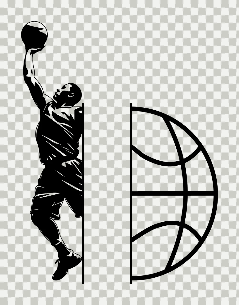 Ball Basketball Player Jumping vertical split silhouette black transparency and detail preview thumbnail