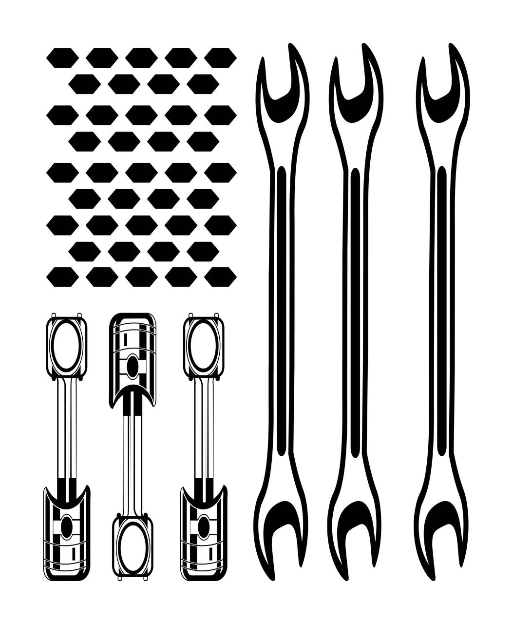 Mechanic Wrenches And Pistons Workshop Elements hexagons line drawing