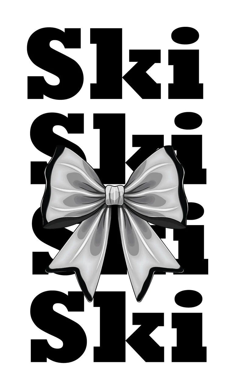 Ski Ski Ski Word Repeated With Bow Silhouette text and vertical