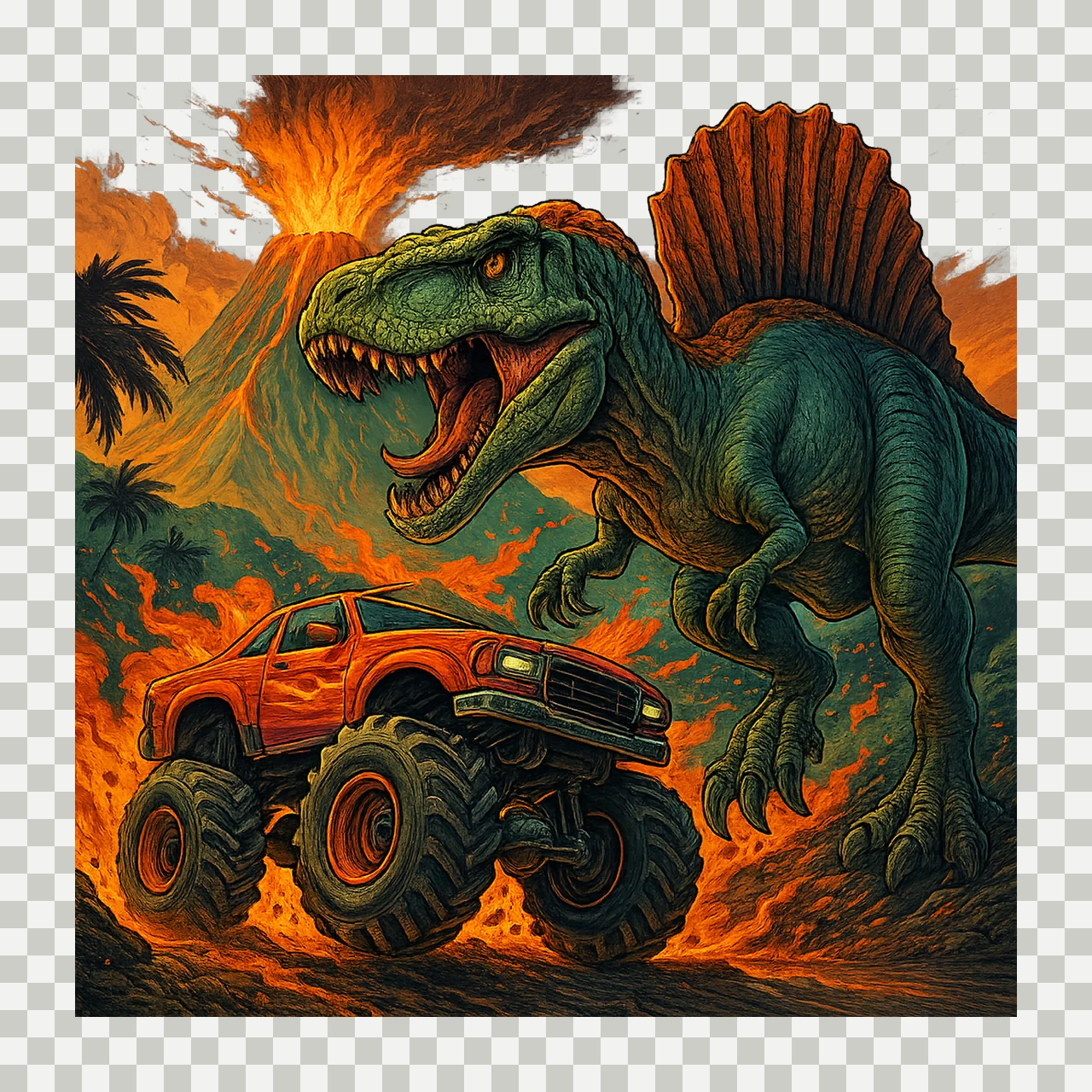Dinosaur tumbler wrap roaring Rex and monster truck 20oz transparency and detail preview thumbnail