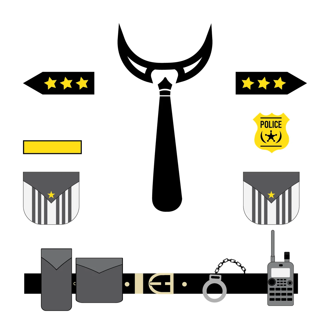 Tie And Equipment Gear Symbols arrows shield belt radio silhouette