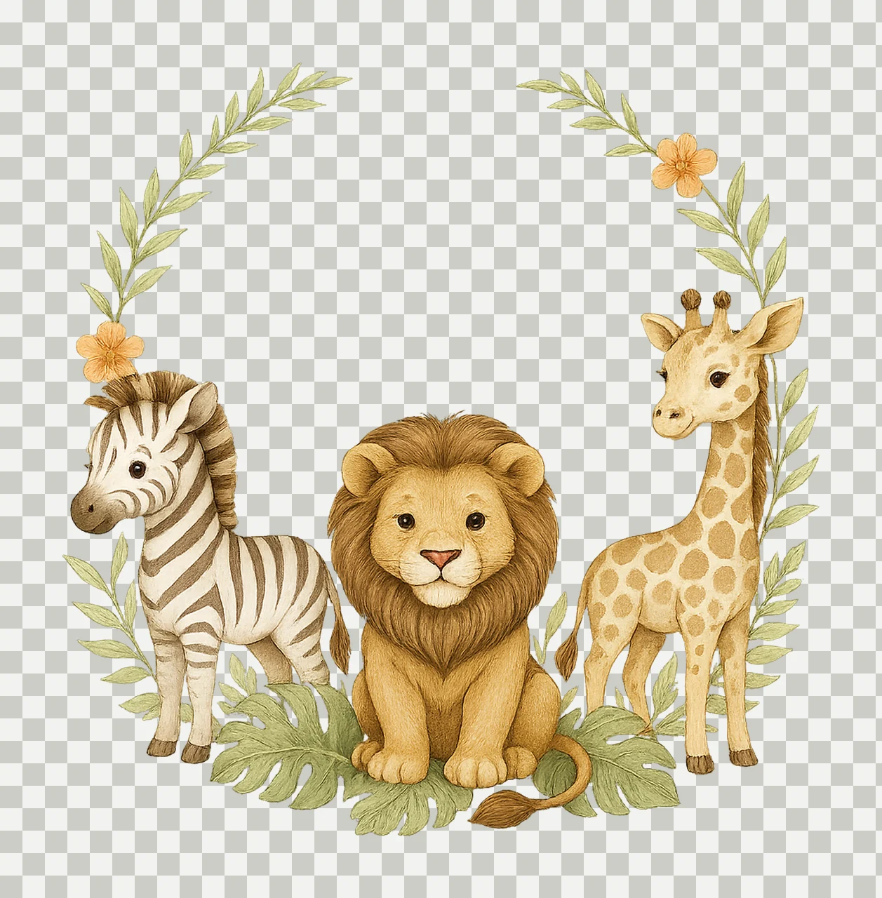 Safari Animals Watercolor Wreath Jungle Frame Design Nursery transparency and detail preview thumbnail