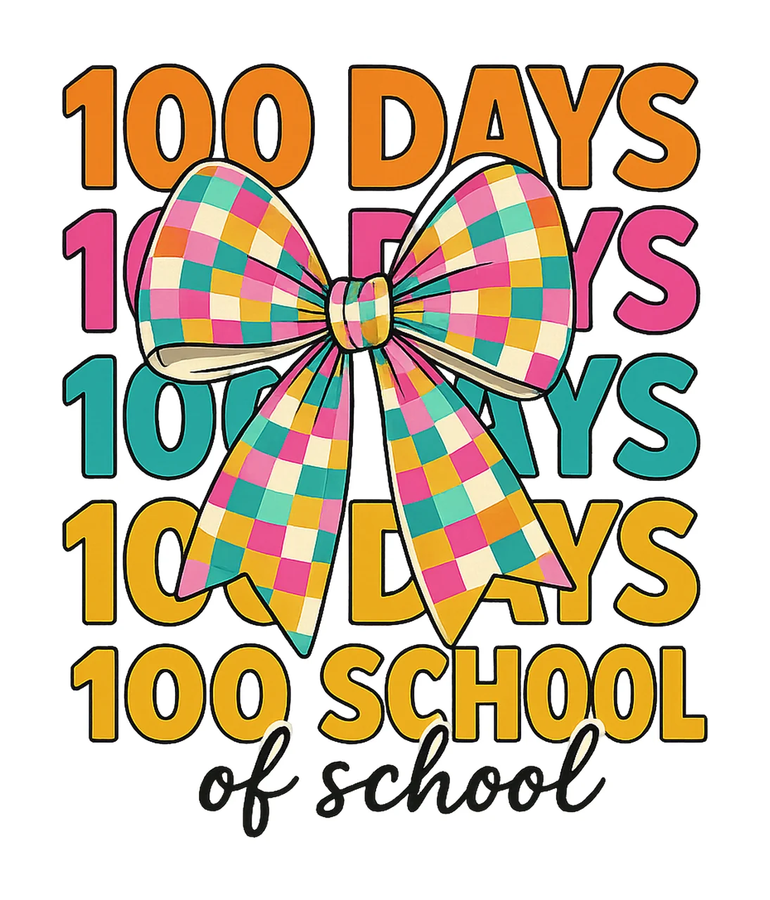 Coquette Bow 100 Days of School Colorful Checkered Design