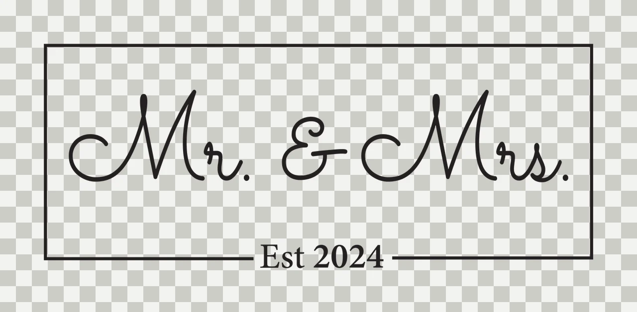 Mr. & Mrs. Est 2024 Rectangular framed typographic design with black cursive 'Mr ' '&' 'Mrs ', black serif 'Est 2024' and thin black rectangular border in white transparency and detail preview thumbnail