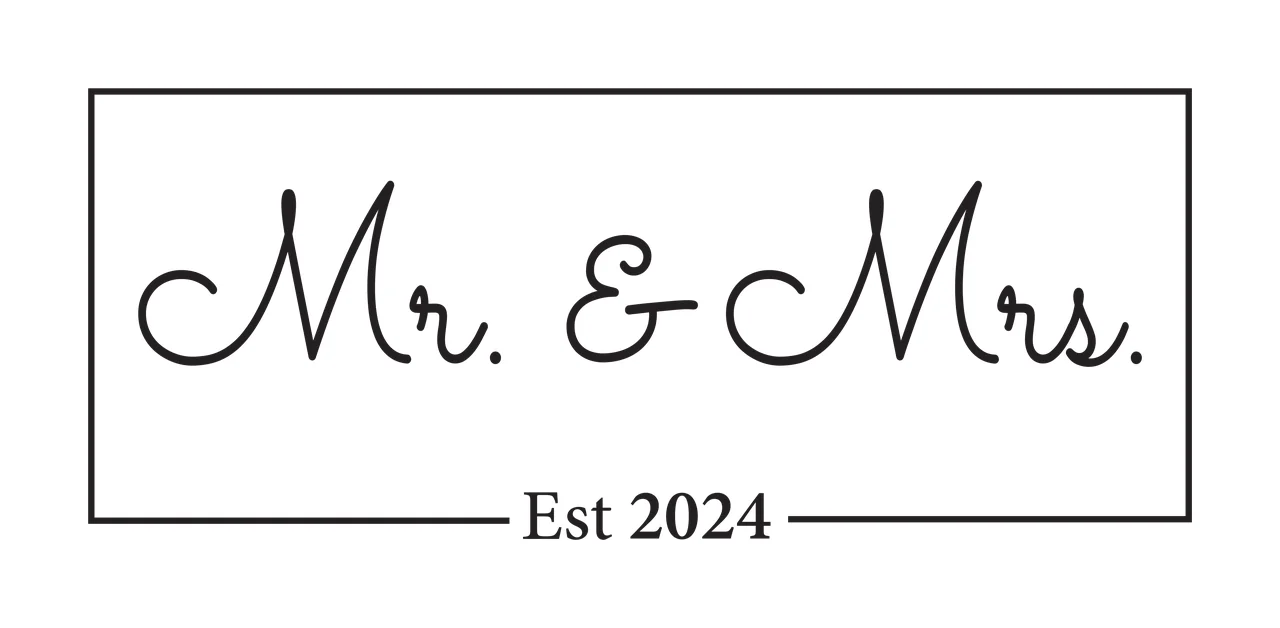 Mr. & Mrs. Est 2024 Rectangular framed typographic design with black cursive 'Mr ' '&' 'Mrs ', black serif 'Est 2024' and thin black rectangular border in white