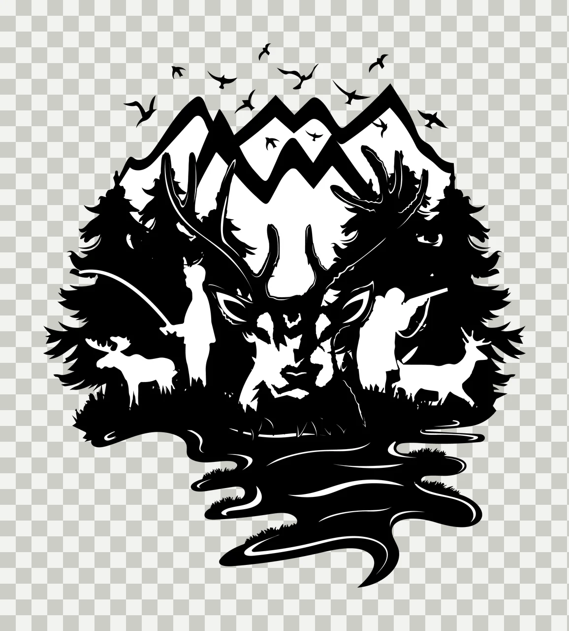 Mountain Landscape Silhouette With Birds mountains trees water transparency and detail preview thumbnail