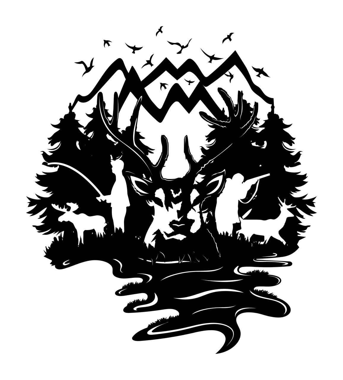Mountain Landscape Silhouette With Birds mountains trees water