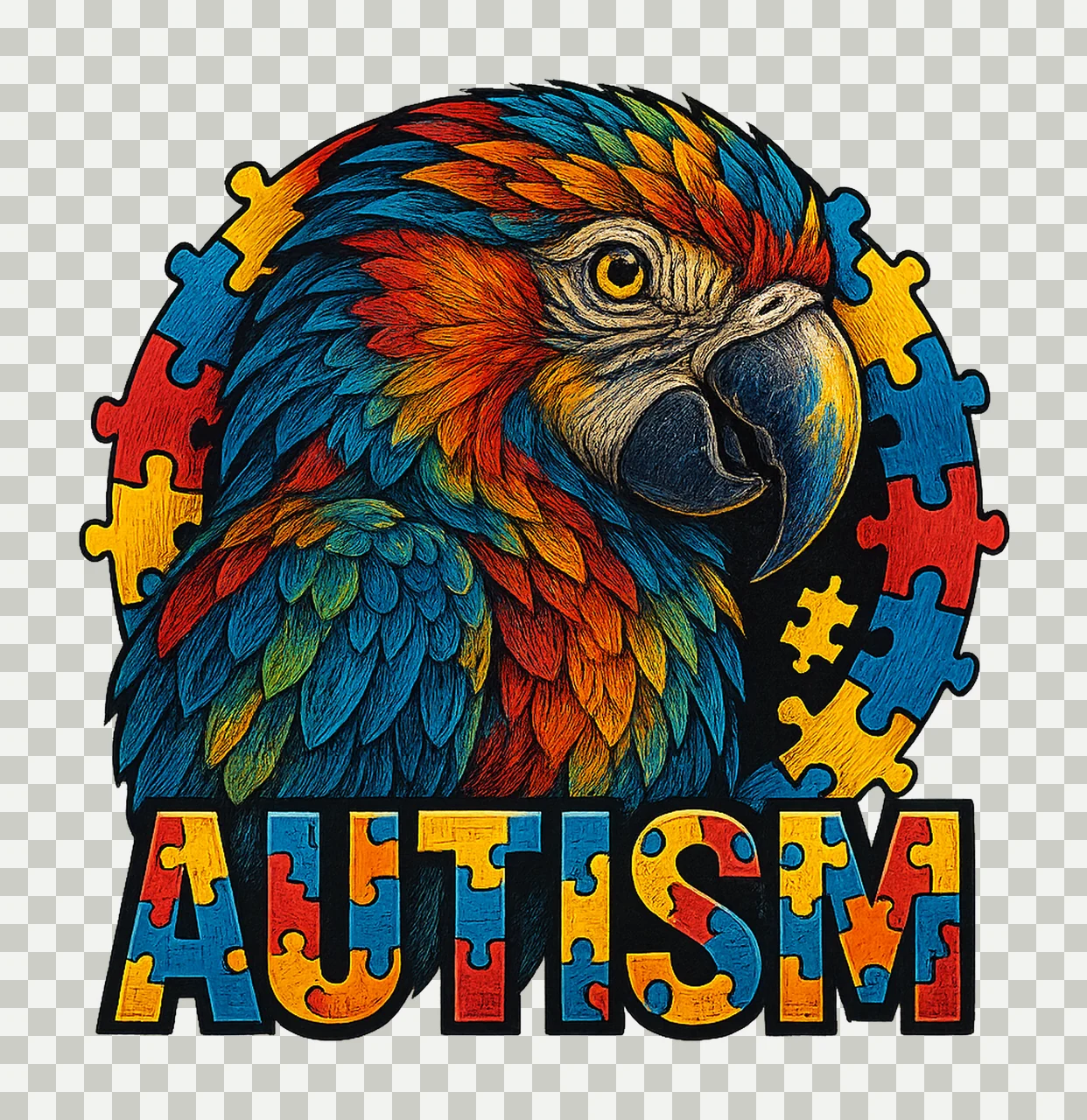 Autism Bird Parrot With Puzzle Pieces colorful looking transparency and detail preview thumbnail