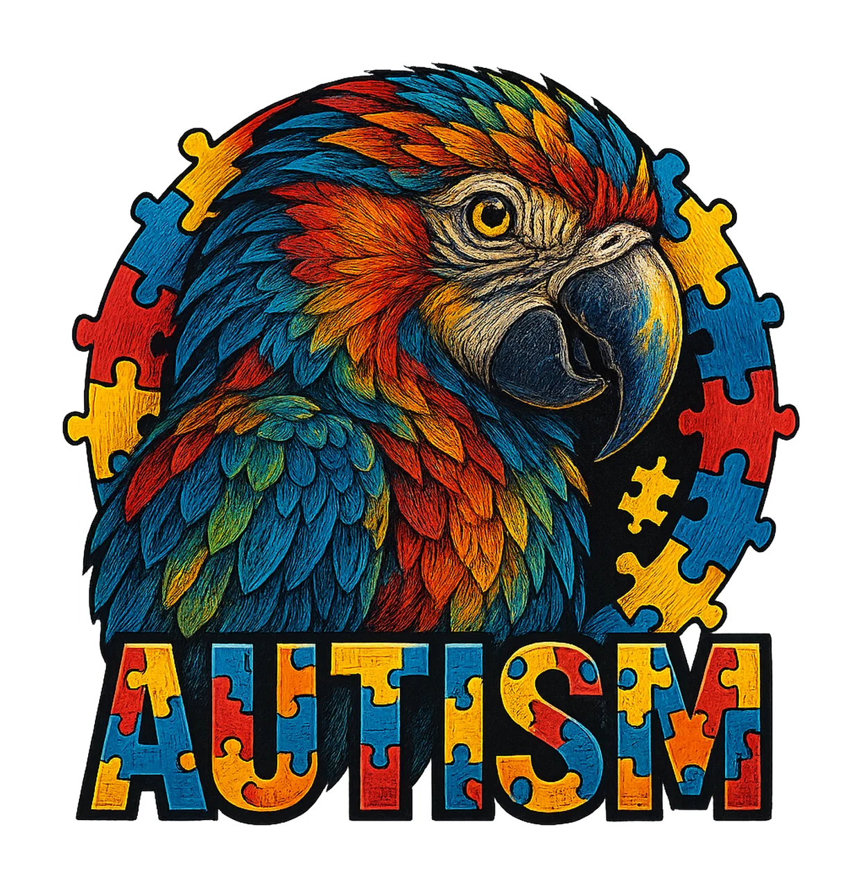 Autism Bird Parrot With Puzzle Pieces colorful looking