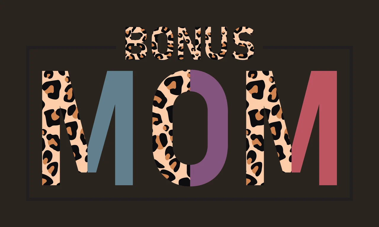 BONUS MOM Typography Design with BONUS lettering, leopard print pattern, black frame line and split letter coloring in tan and brown contrast preview thumbnail