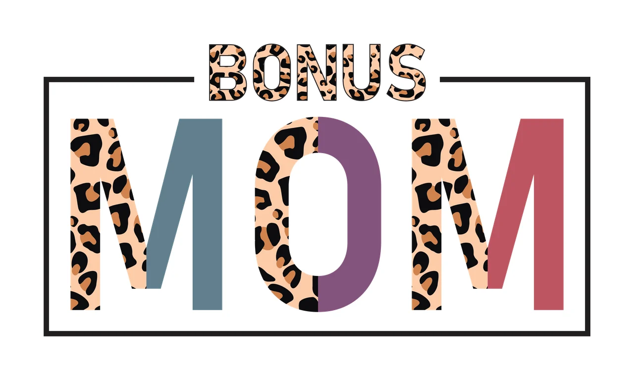 BONUS MOM Typography Design with BONUS lettering, leopard print pattern, black frame line and split letter coloring in tan and brown