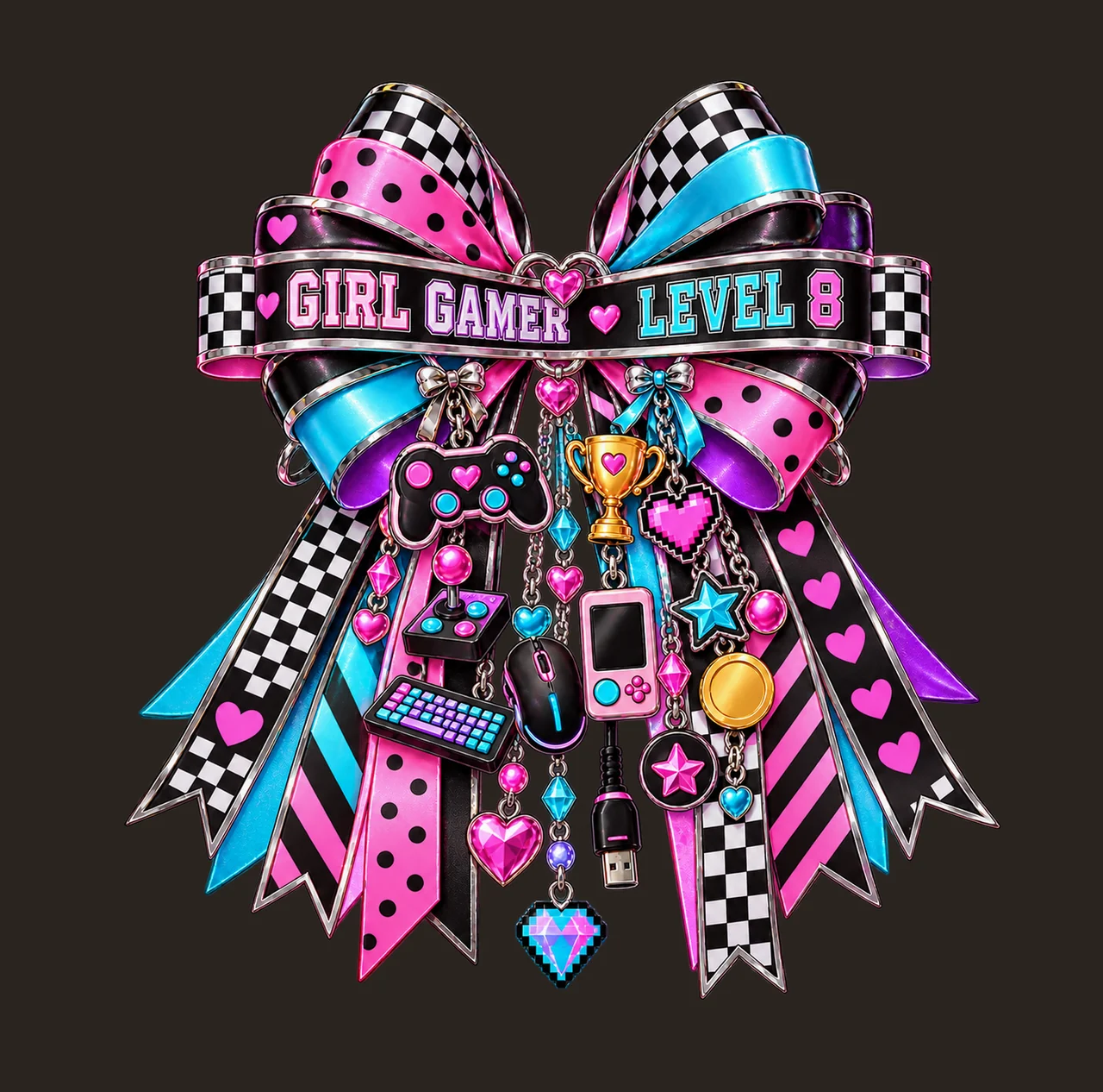 Girl Gamer Level 8 Bow Charm PNG, Patterned Coquette Bow Clipart, Transparent Sublimation Digital Download contrast preview thumbnail