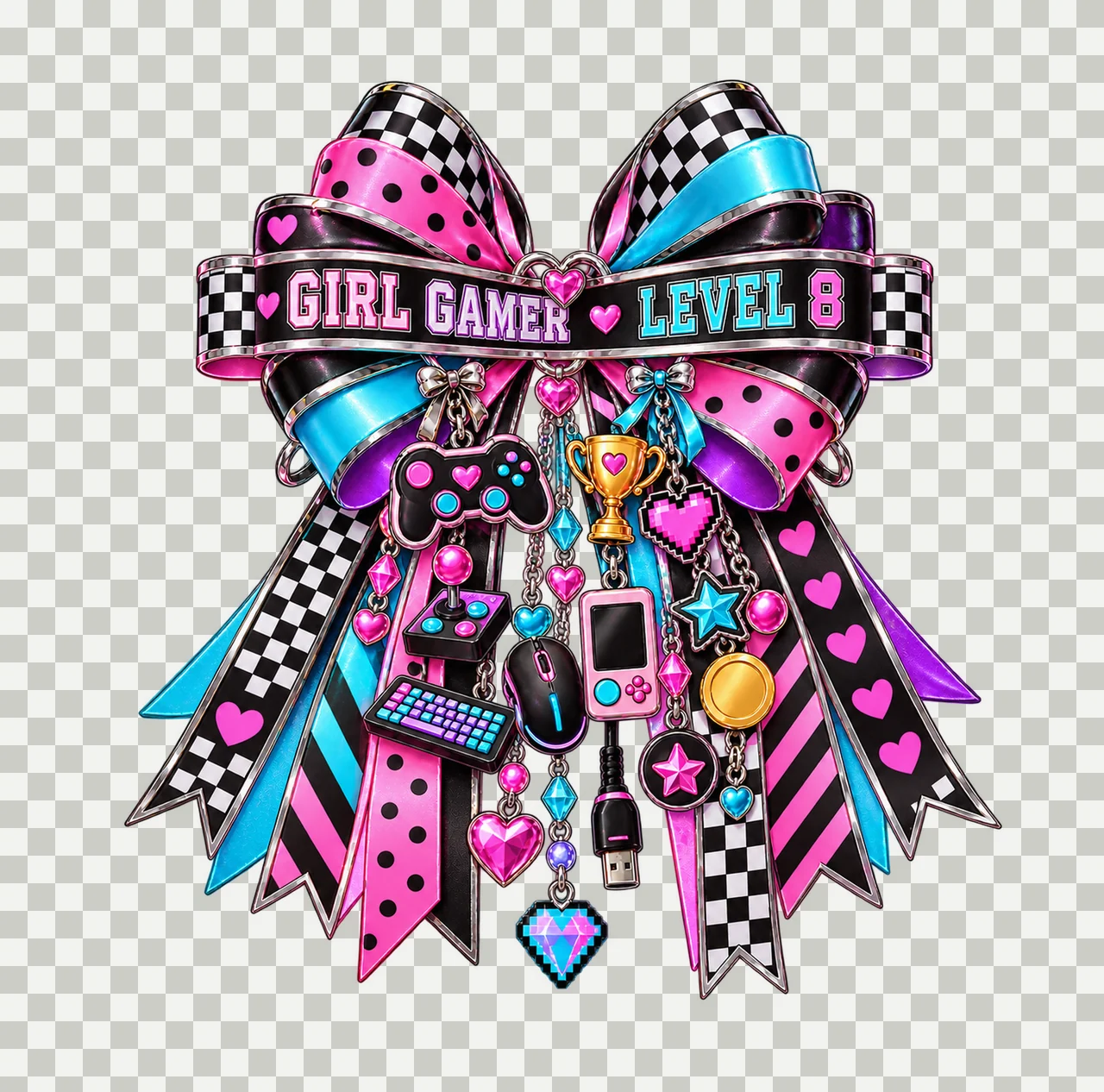 Girl Gamer Level 8 Bow Charm PNG, Patterned Coquette Bow Clipart, Transparent Sublimation Digital Download transparency and detail preview thumbnail
