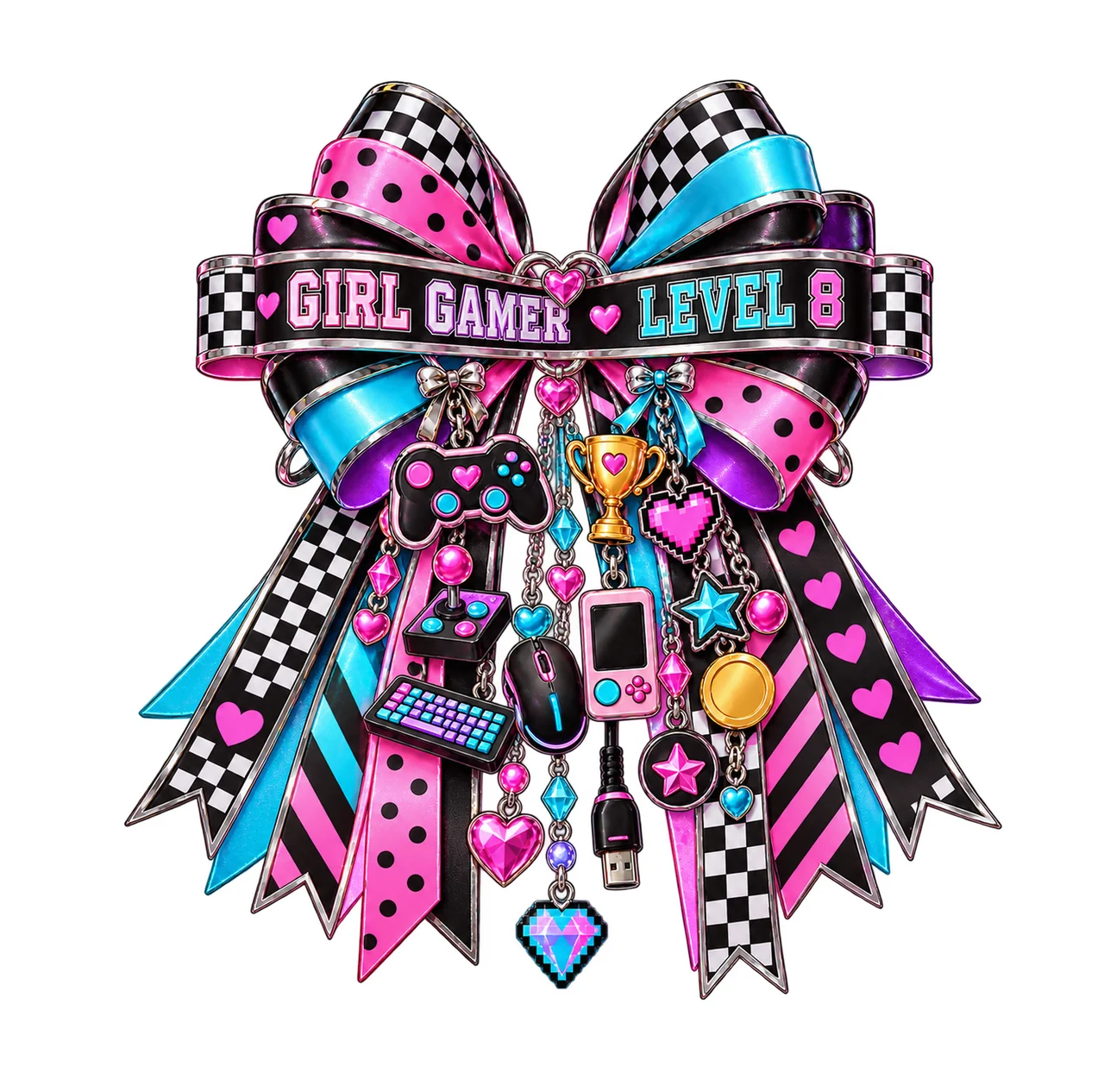 Girl Gamer Level 8 Bow Charm PNG, Patterned Coquette Bow Clipart, Transparent Sublimation Digital Download