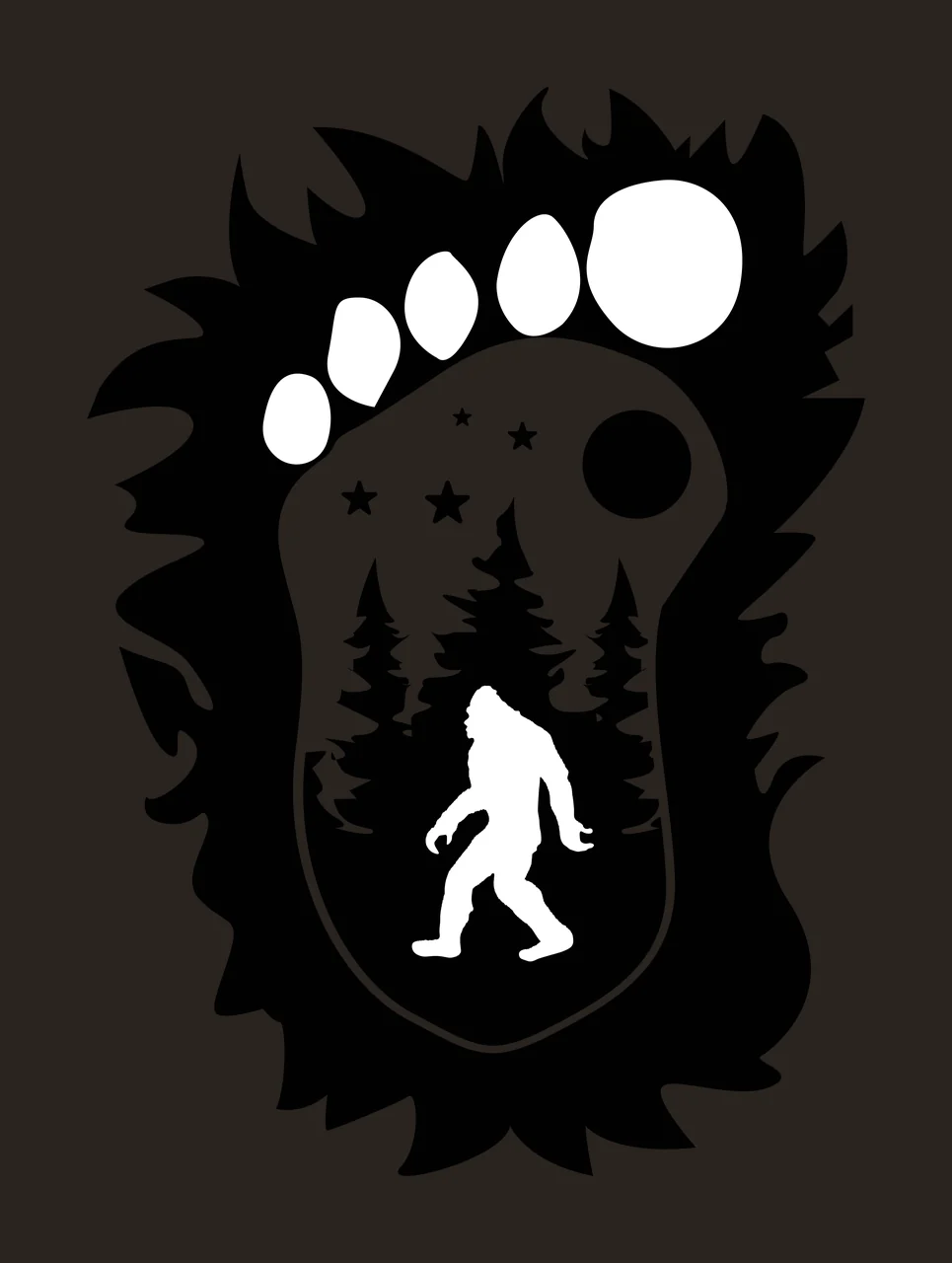 Bigfoot silhouette Illustration with jagged-edged footprint, pine forest, moon and stars in black and white contrast preview thumbnail