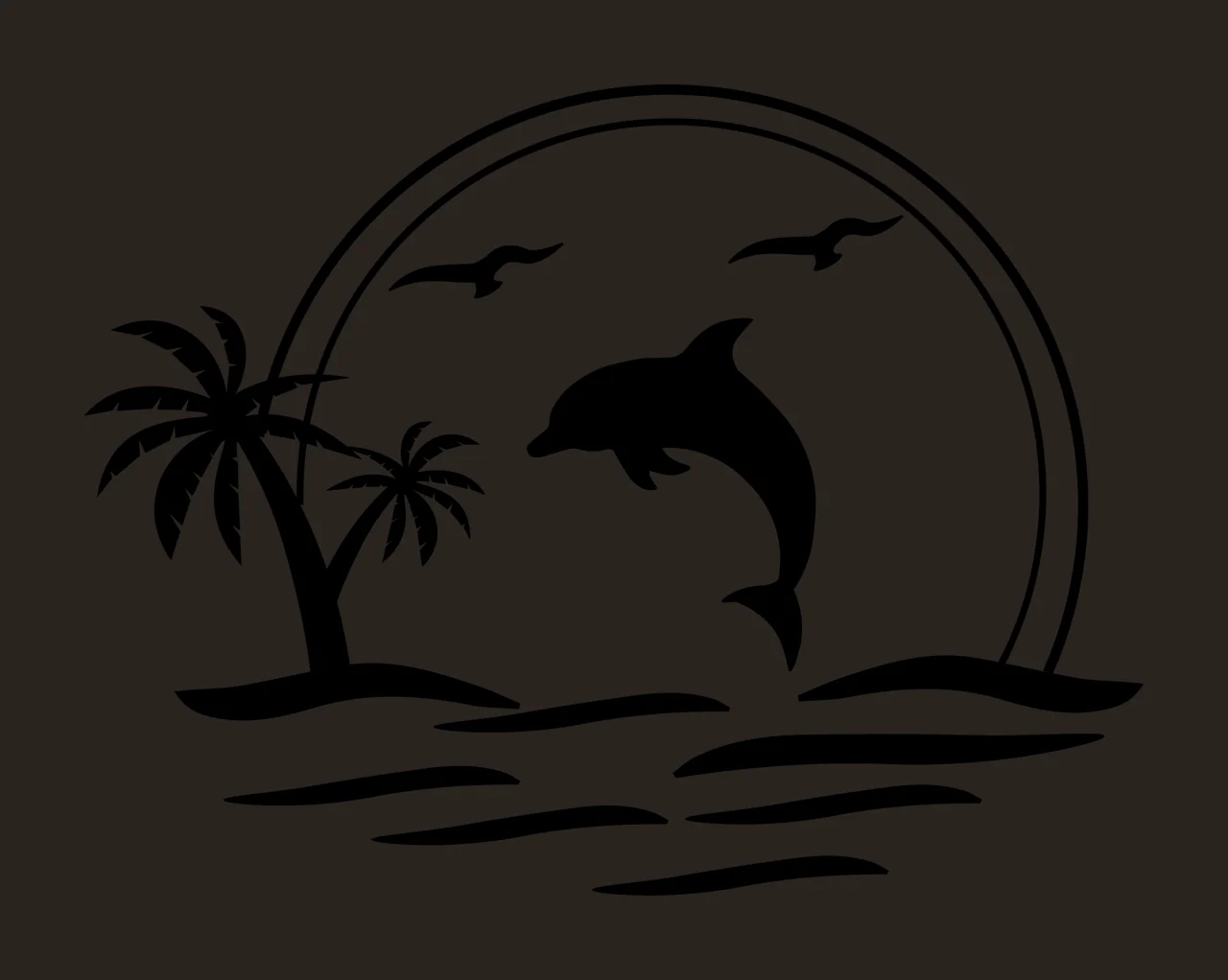 Palm Tree Dolphin Jumping By Tropical Trees birds sun ocean waves contrast preview thumbnail