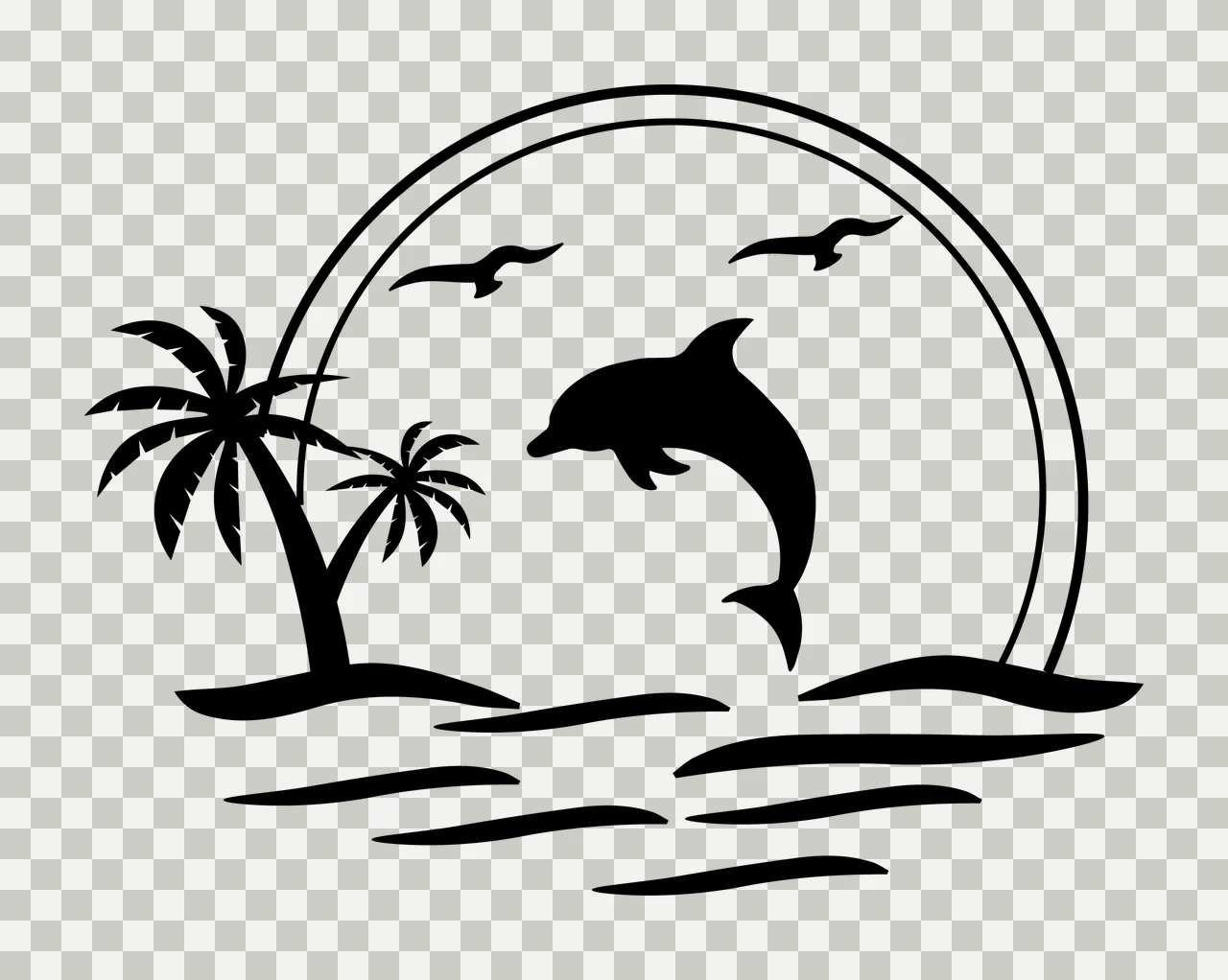 Palm Tree Dolphin Jumping By Tropical Trees birds sun ocean waves transparency and detail preview thumbnail
