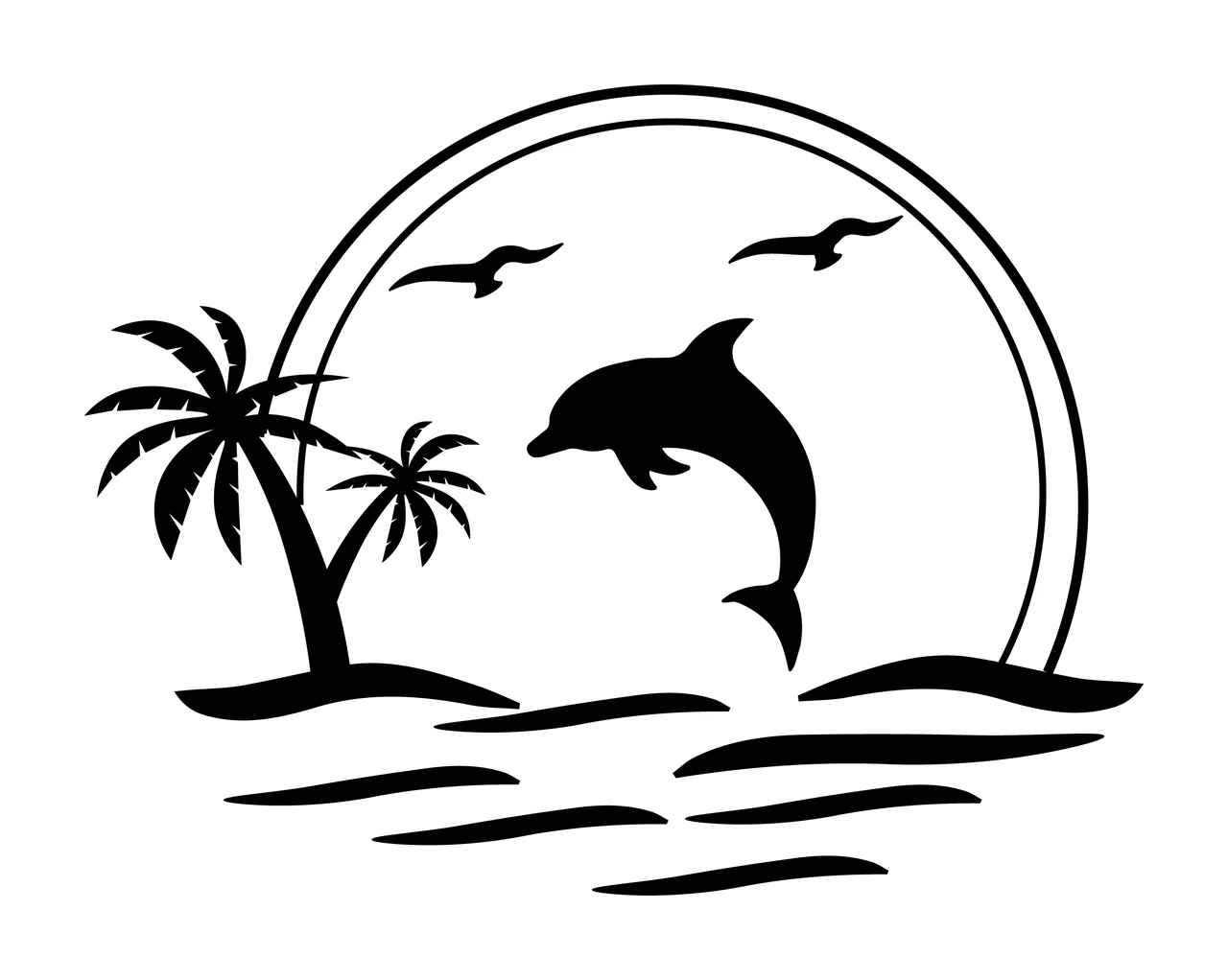 Palm Tree Dolphin Jumping By Tropical Trees birds sun ocean waves