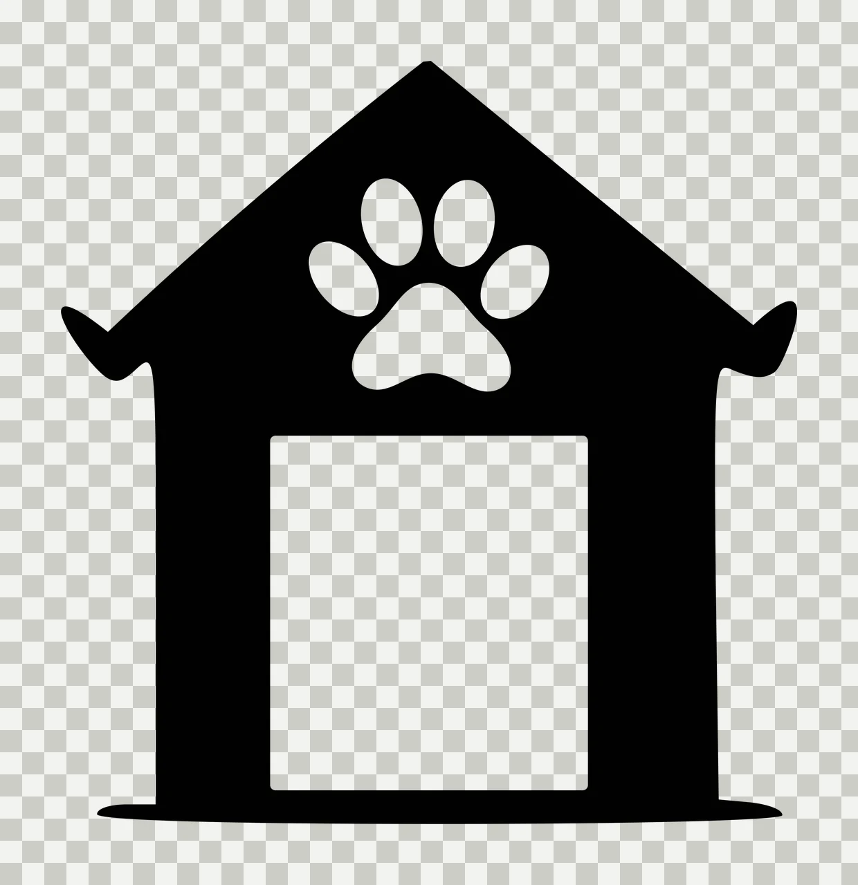 Doghouse silhouette with paw print Illustration with black doghouse, white paw print and white rectangular doorway transparency and detail preview thumbnail