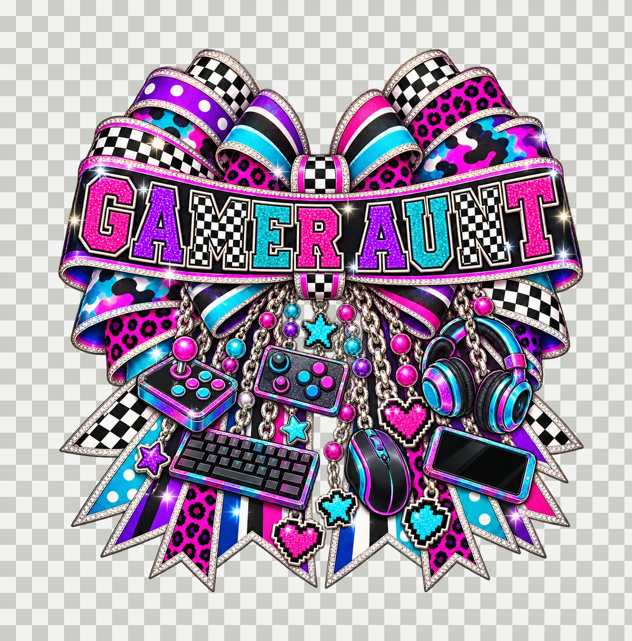 Gamer Aunt Bow Charm PNG, Patterned Varsity Aunt Ribbon Clipart, Transparent Sublimation Digital Download transparency and detail preview thumbnail